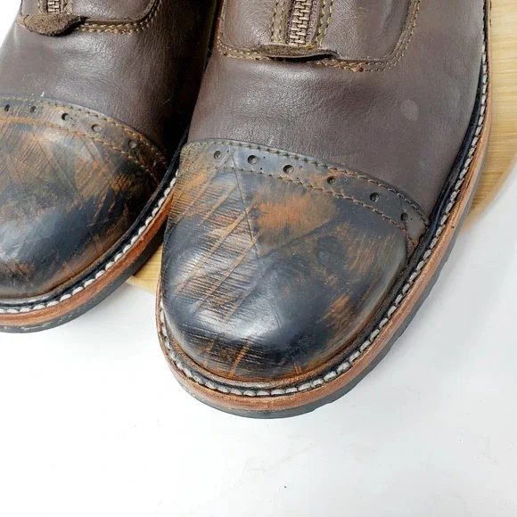 PSKaufman Chelsea Boots Mens 13‎ Brown Leather Front Zip Brogue Cap Toe Shoes